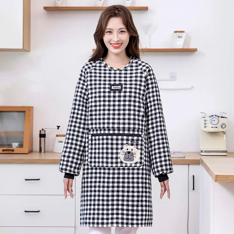 Цзяцили Детский вышитый котенок хлопковый клетчатый передник с длинными рукавами для домашней работы 8327 (6)