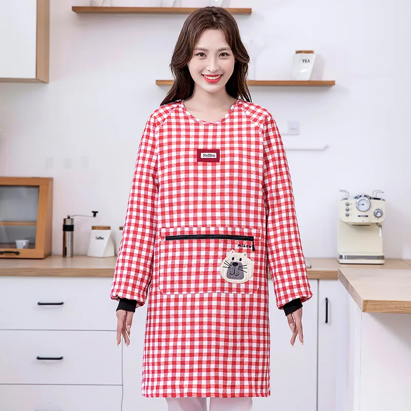 Цзяцили Детский вышитый котенок хлопковый клетчатый передник с длинными рукавами для домашней работы 8327 (8)