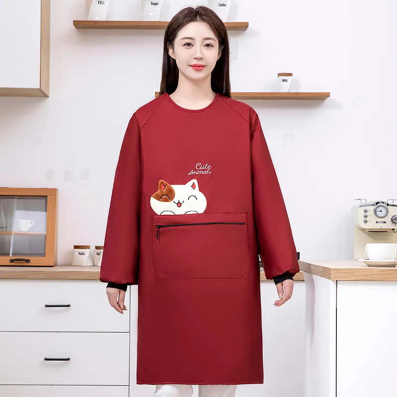 Цзяцили Изящный вышитый кот водонепроницаемый передник с длинными рукавами для кухни 8728 (5)