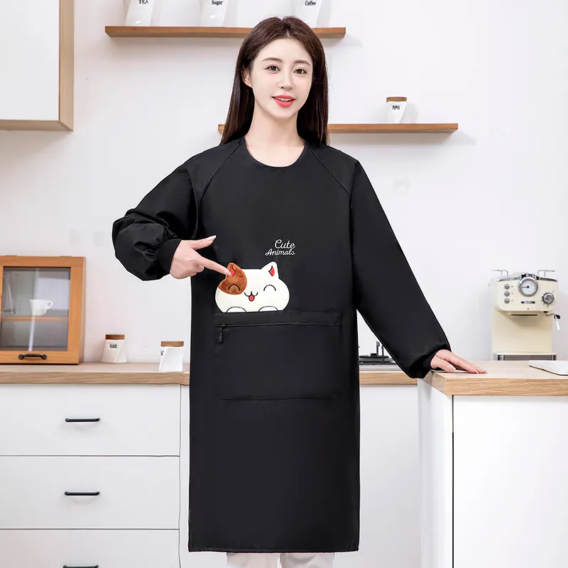 Цзяцили Изящный вышитый кот водонепроницаемый передник с длинными рукавами для кухни 8728 (6)