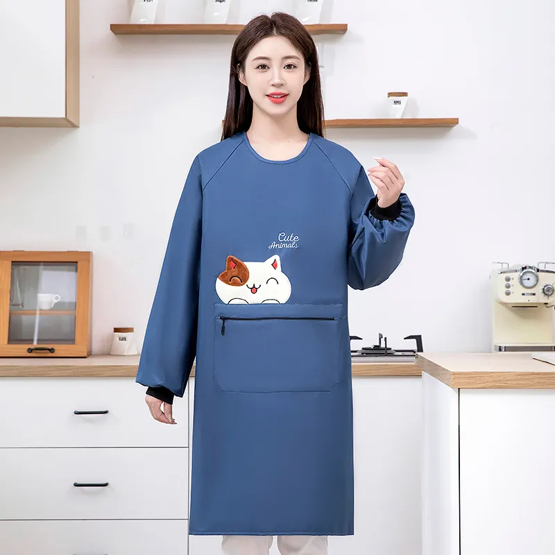 Цзяцили Изящный вышитый кот водонепроницаемый передник с длинными рукавами для кухни 8728 (8)